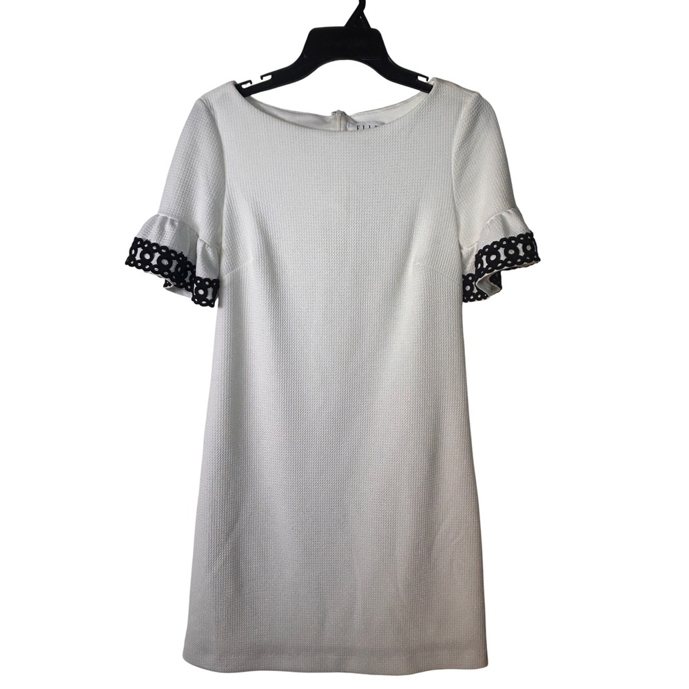 ELLE‎ White Textured A-Line Dress with Black Crochet Ruffle Sleeve Women's XS